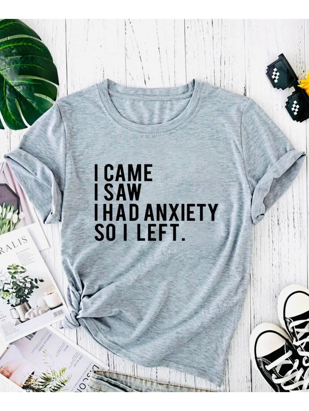 New - FUN! Letter Print Crew Neck Short Sleeve T-Shirt- Gray/Blk -Size L